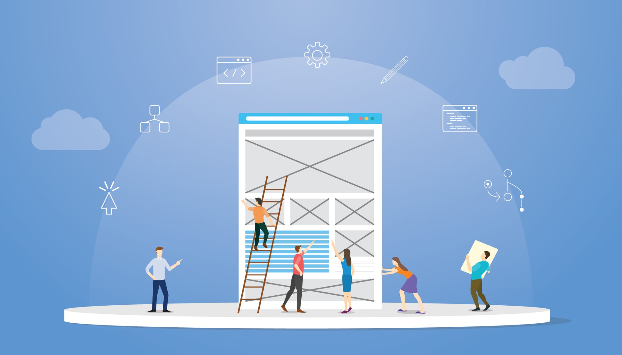 Team optimizing website mockup, focusing on site architecture, UX, and SEO.