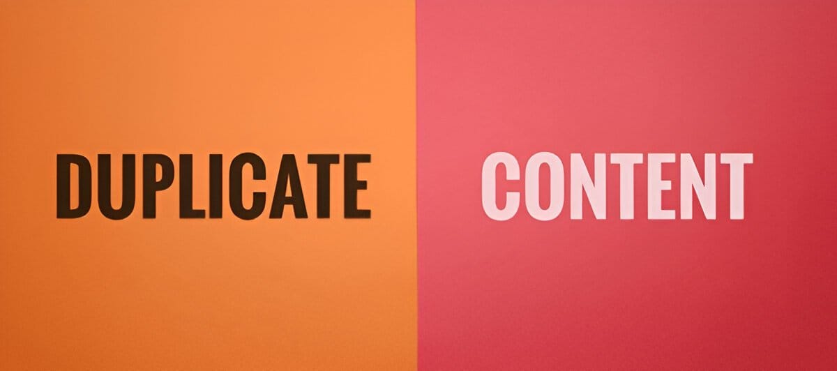 The phrase 'Duplicate Content' displayed in bold text, split across an orange and red background.