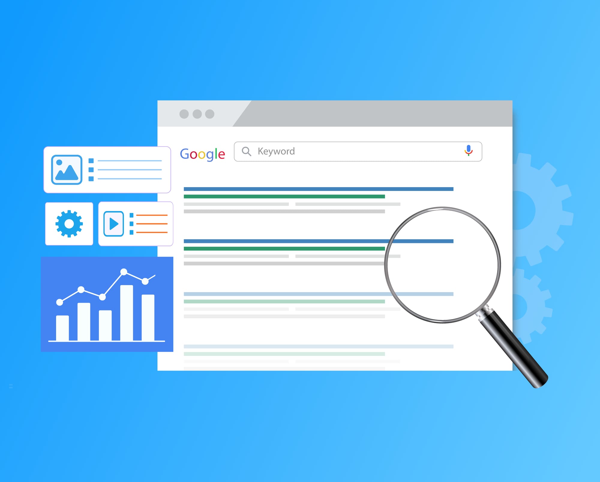 Google search results page with a magnifying glass.Checking if Google can see your page.