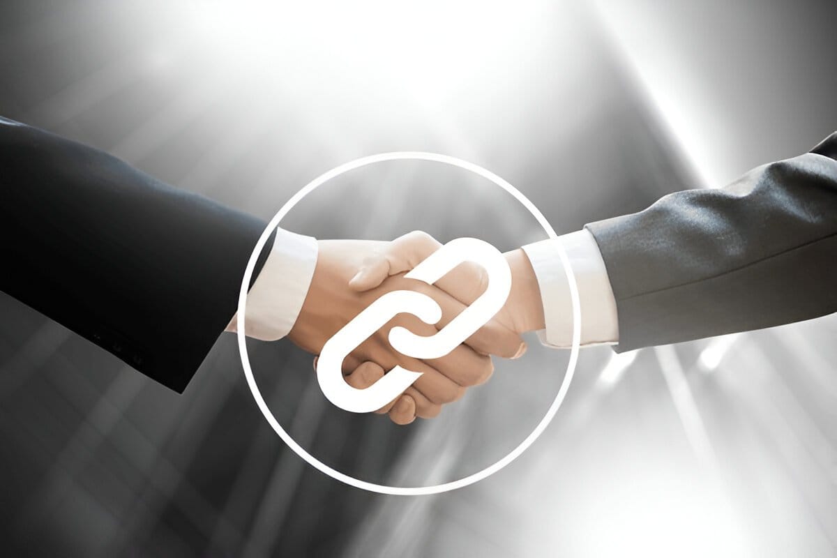 Handshake with a chain link overlay, symbolizing backlink partnerships