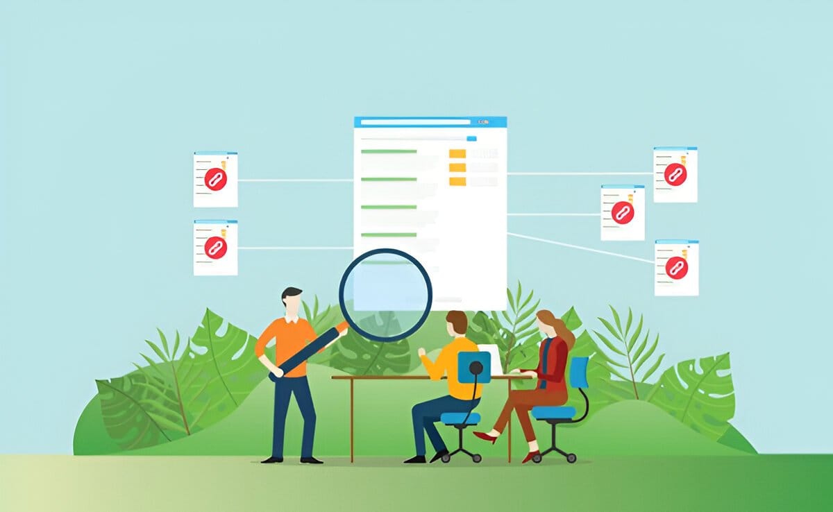 People analyzing backlinks, highlighting harmful links for a healthy profile.