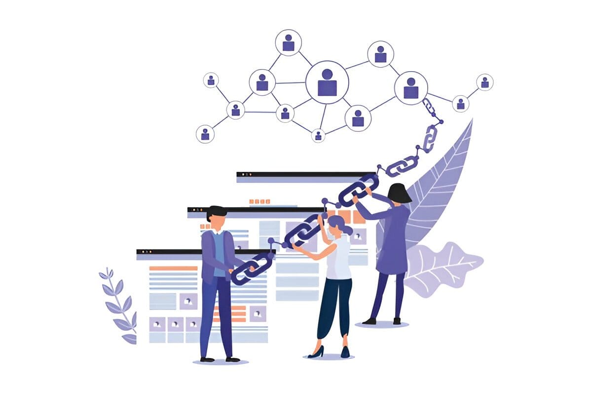 People connecting chain links between websites, representing search engines indexing backlinks.