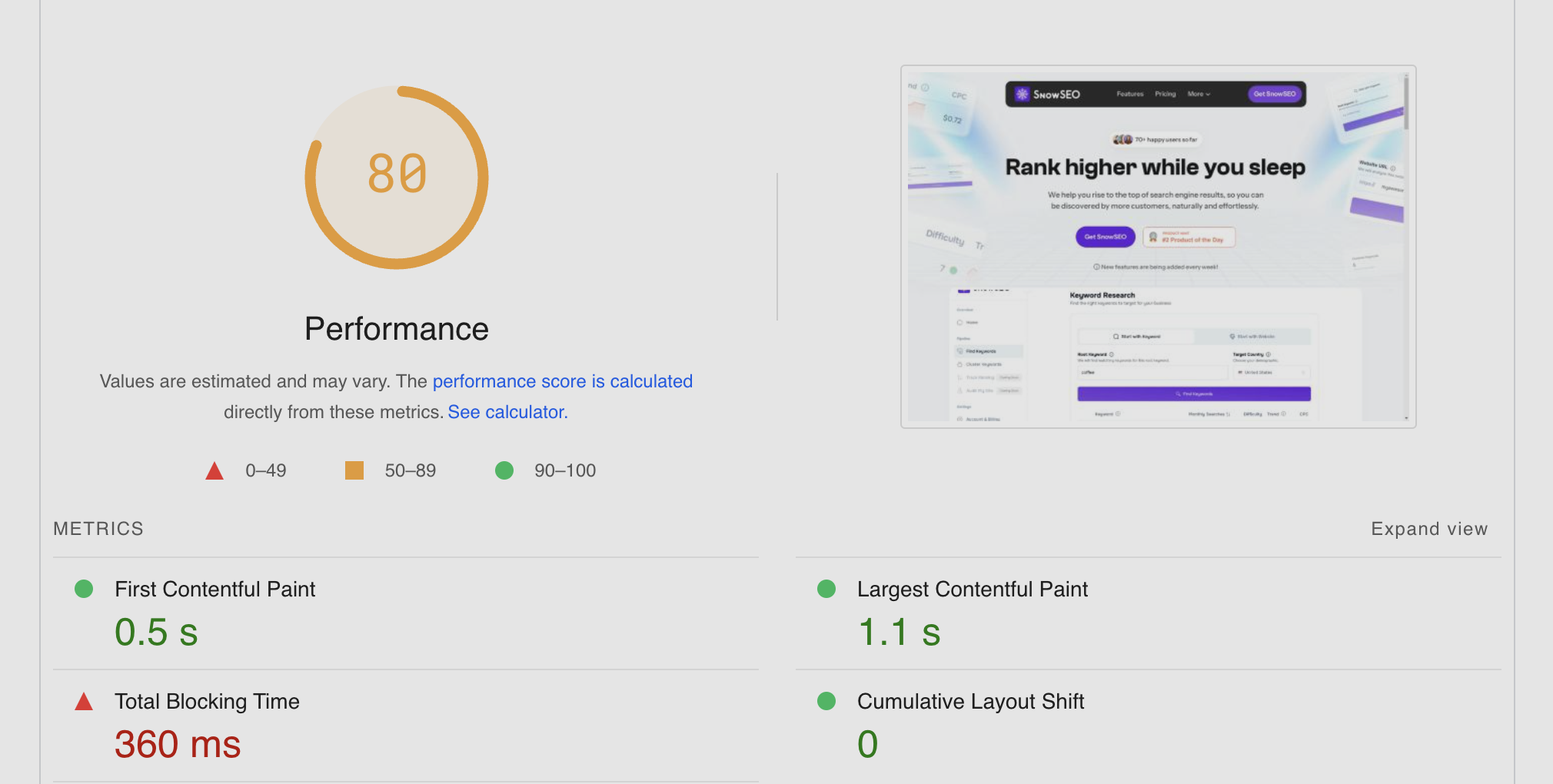 screenshot of Core Web Vitals