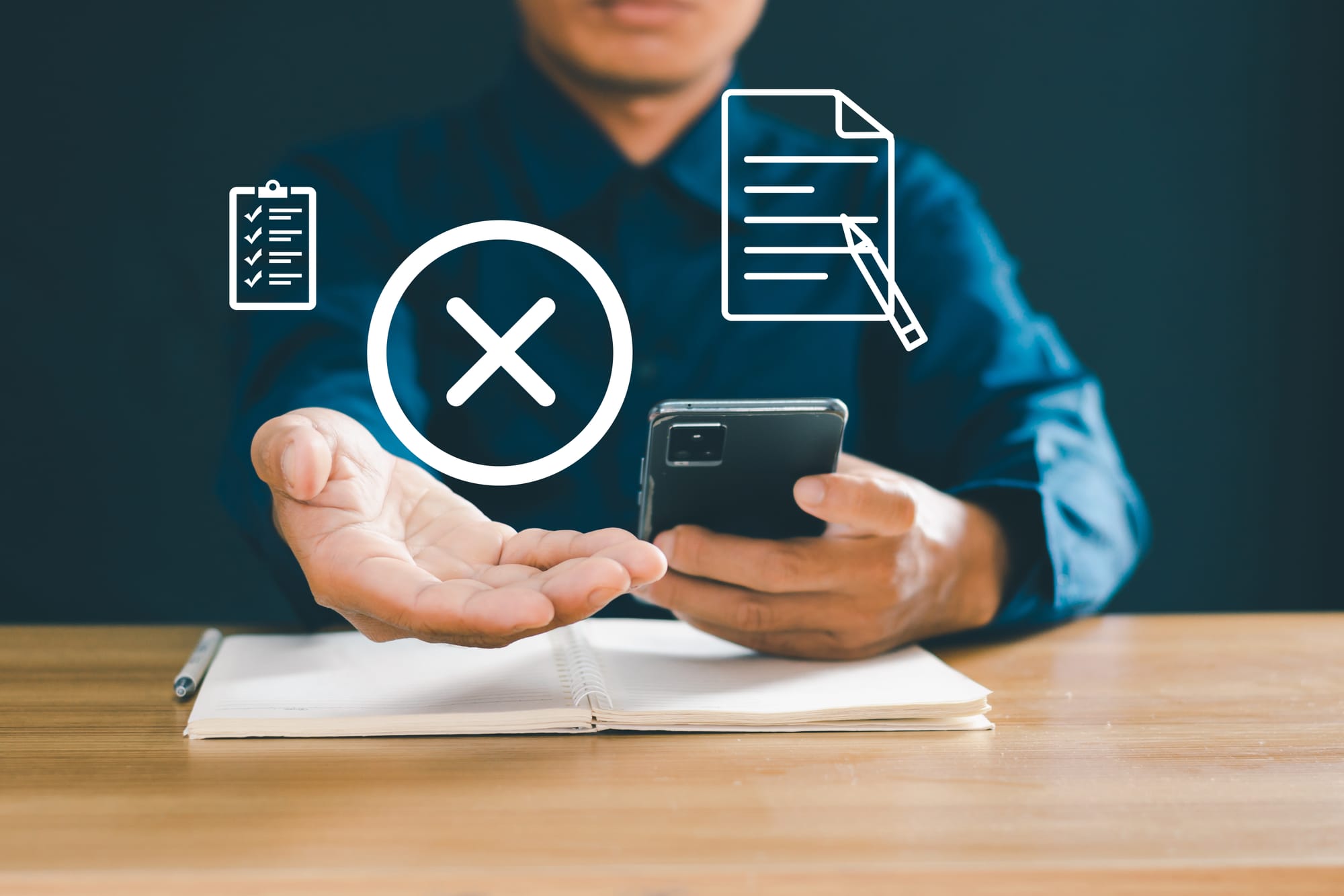 Illustration of SEO myths with checklist, X, and pen/paper icons.