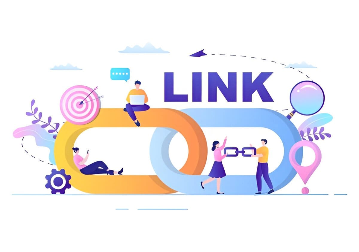 Backlinks illustration with people analyzing links for SEO.