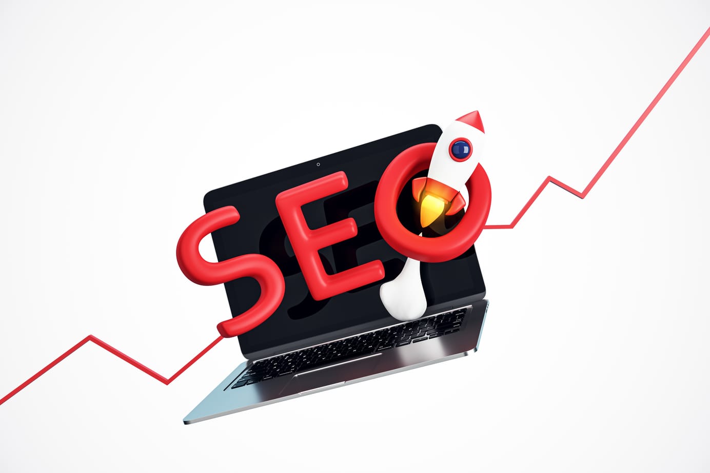 Laptop with 'SEO', a rocket, and a rising trend line, symbolizing SEO growth.
